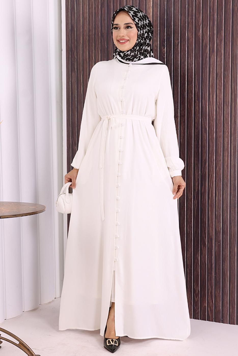 Vêtements hijab ÉCRU BOUTON CEINTURÉ ABAYA DÉTAILLÉE T 6506