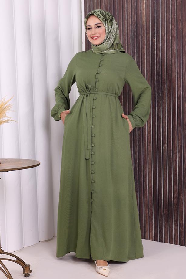 Vêtements hijab KAKI BOUTON CEINTURÉ ABAYA DÉTAILLÉE T 6506 - TRENDTESETTÜR