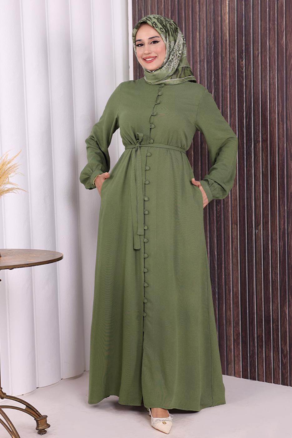 Vêtements hijab KAKI BOUTON CEINTURÉ ABAYA DÉTAILLÉE T 6506