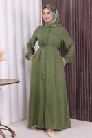 Vêtements hijab KAKI BOUTON CEINTURÉ ABAYA DÉTAILLÉE T 6506