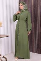 Vêtements hijab KAKI BOUTON CEINTURÉ ABAYA DÉTAILLÉE T 6506