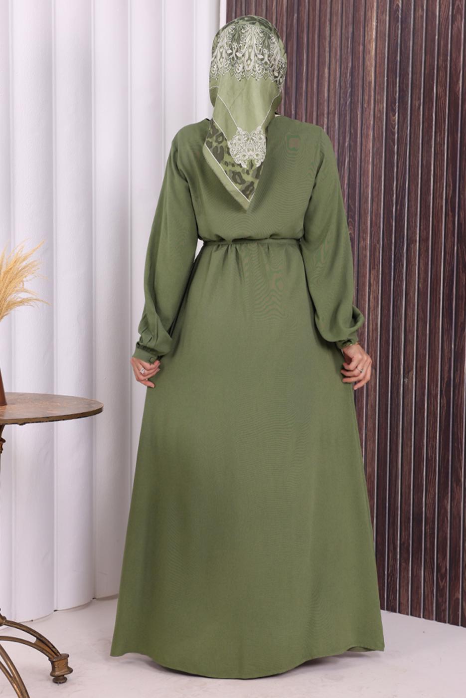 Vêtements hijab KAKI BOUTON CEINTURÉ ABAYA DÉTAILLÉE T 6506
