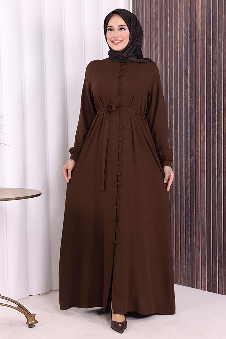 Vêtements hijab BRUN BOUTON CEINTURÉ ABAYA DÉTAILLÉE T 6506
