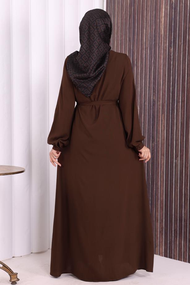 Vêtements hijab BRUN BOUTON CEINTURÉ ABAYA DÉTAILLÉE T 6506 - TRENDTESETTÜR