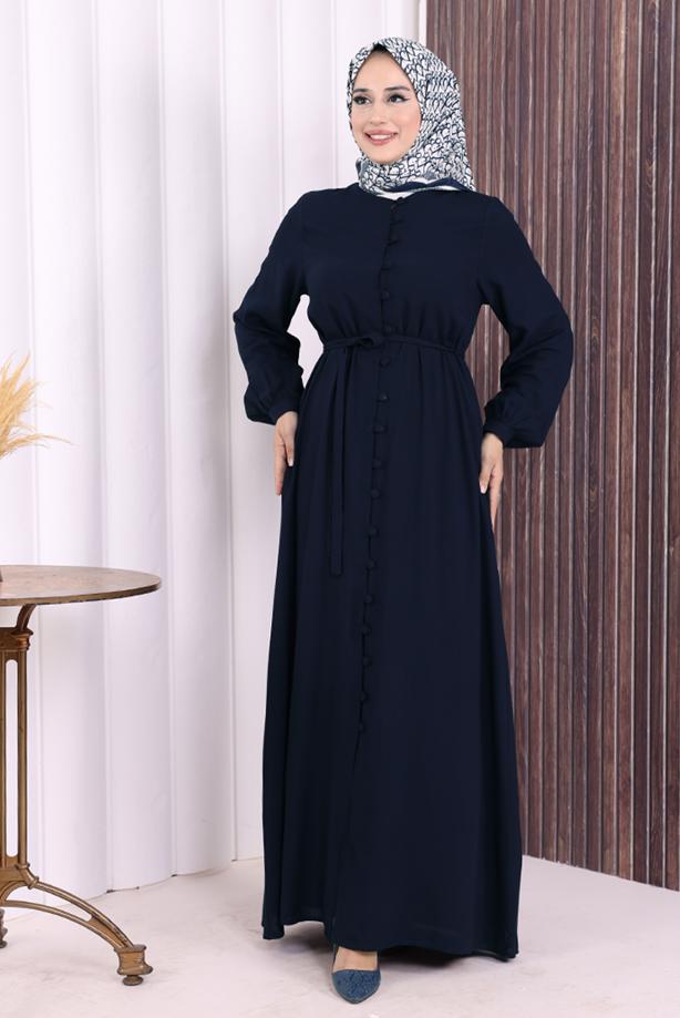 Vêtements hijab BLEU MARINE BOUTON CEINTURÉ ABAYA DÉTAILLÉE T 6506 - TRENDTESETTÜR