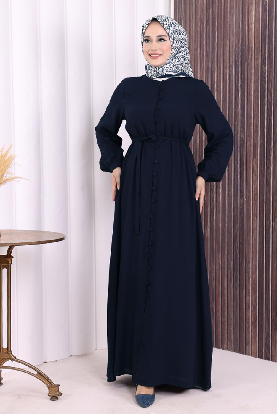 Vêtements hijab BLEU MARINE BOUTON CEINTURÉ ABAYA DÉTAILLÉE T 6506