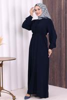 Vêtements hijab BLEU MARINE BOUTON CEINTURÉ ABAYA DÉTAILLÉE T 6506