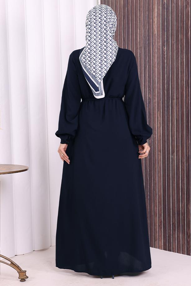 Vêtements hijab BLEU MARINE BOUTON CEINTURÉ ABAYA DÉTAILLÉE T 6506 - TRENDTESETTÜR