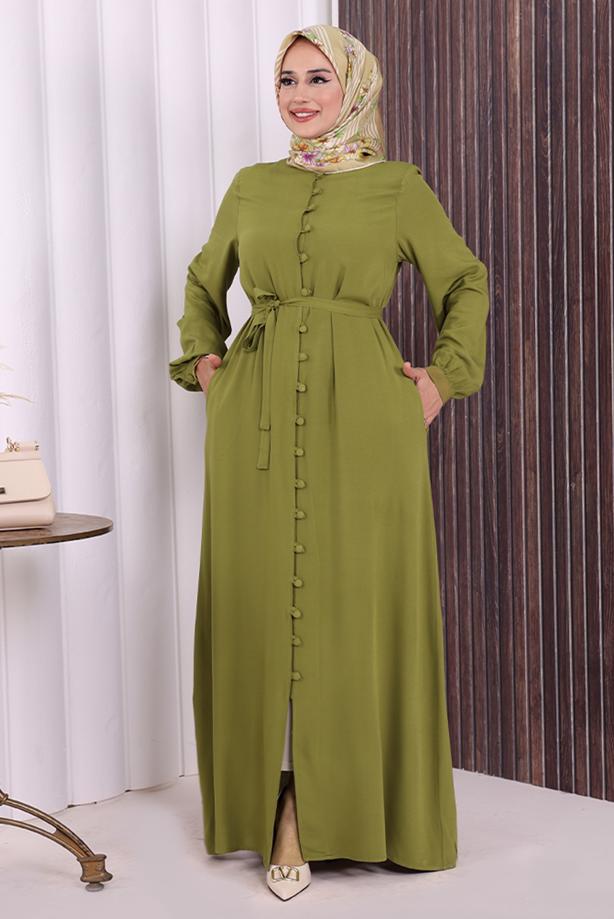 Vêtements hijab VERT BOUTON CEINTURÉ ABAYA DÉTAILLÉE T 6506 - TRENDTESETTÜR