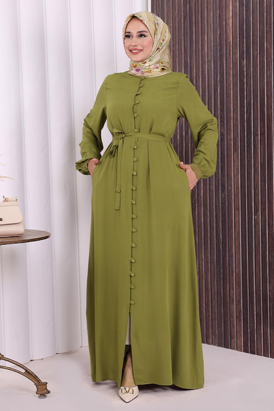 Vêtements hijab VERT BOUTON CEINTURÉ ABAYA DÉTAILLÉE T 6506