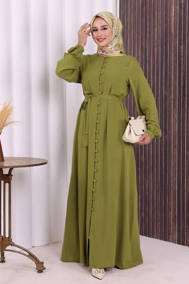 Vêtements hijab VERT BOUTON CEINTURÉ ABAYA DÉTAILLÉE T 6506 - TRENDTESETTÜR