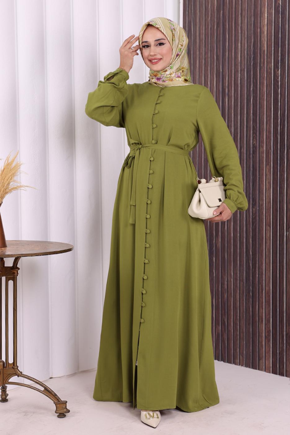 Vêtements hijab VERT BOUTON CEINTURÉ ABAYA DÉTAILLÉE T 6506