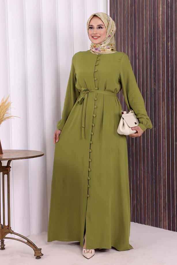 Vêtements hijab VERT BOUTON CEINTURÉ ABAYA DÉTAILLÉE T 6506 - TRENDTESETTÜR