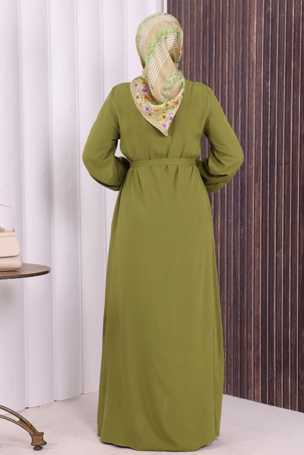 Vêtements hijab VERT BOUTON CEINTURÉ ABAYA DÉTAILLÉE T 6506 - TRENDTESETTÜR