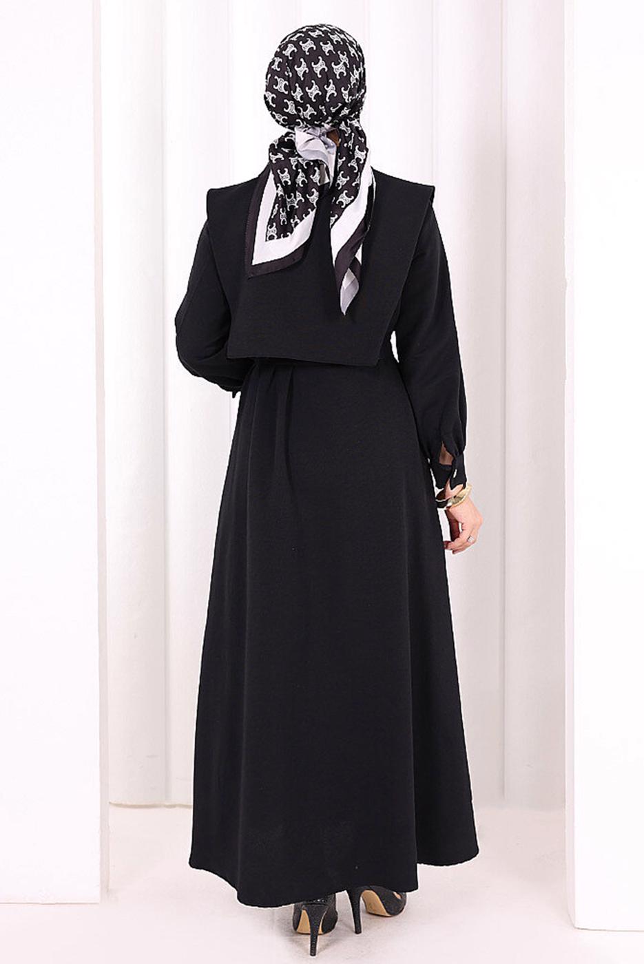 Tesettür giyim SİYAH KUŞAKLI VİSKON KETEN FERACE ELBİSE T 6607