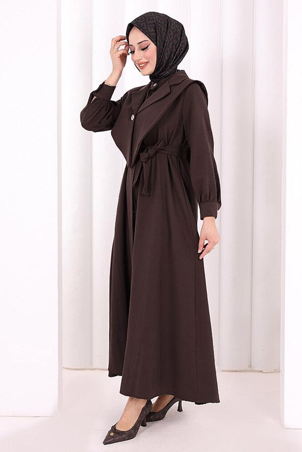 Tesettür giyim KAHVE T 6607 BYM FERACE ELBİSE - TRENDTESETTÜR