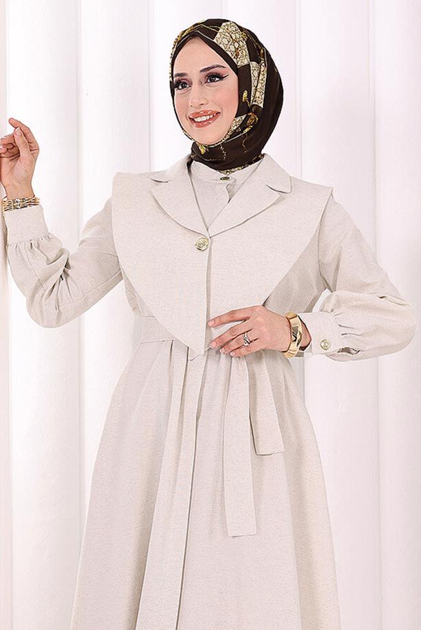 Tesettür giyim BEJ T 6607 BYM FERACE ELBİSE - TRENDTESETTÜR