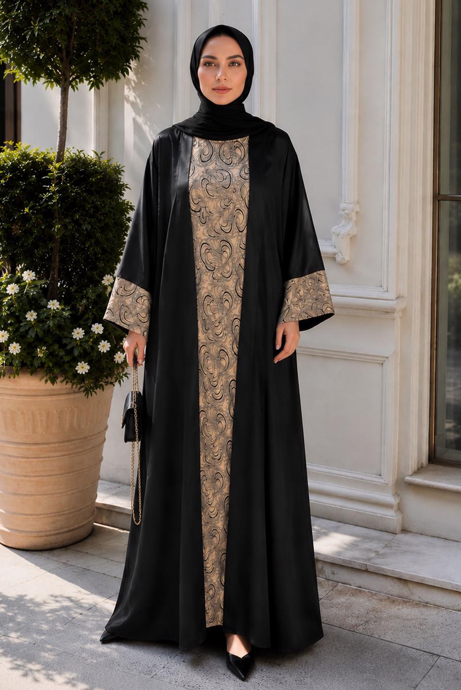 Tesettür giyim SİYAH ABAYALI ELBİSE TAKIMI T 68014