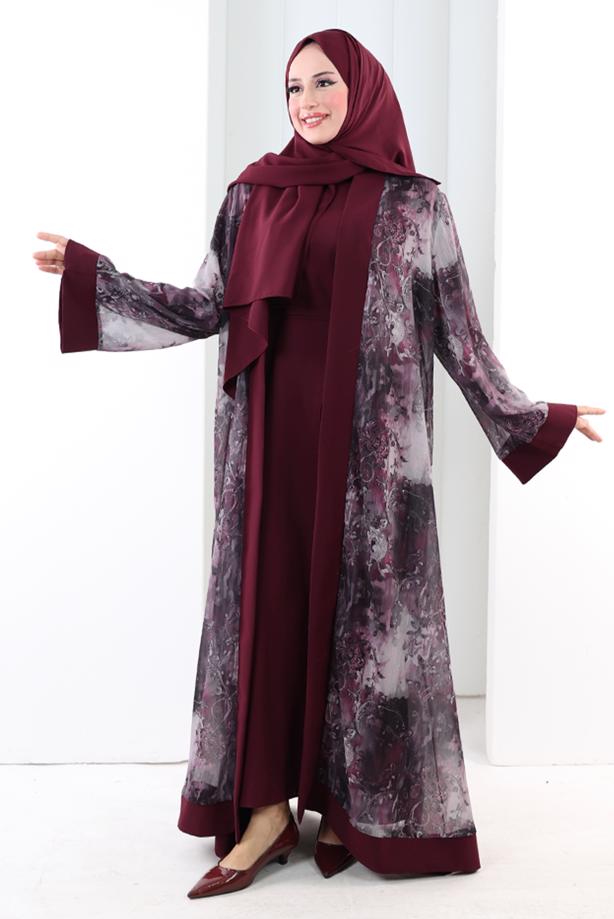 Tesettür giyim BORDO ABAYA TAKIM T 7807 - TRENDTESETTÜR