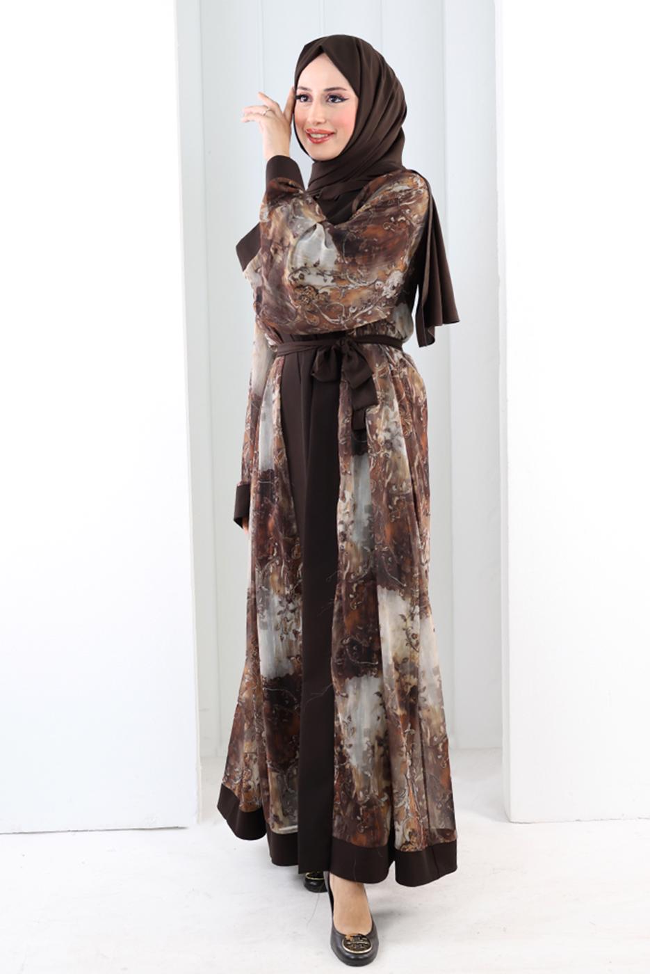 Tesettür giyim KAHVE ABAYA TAKIM T 7807