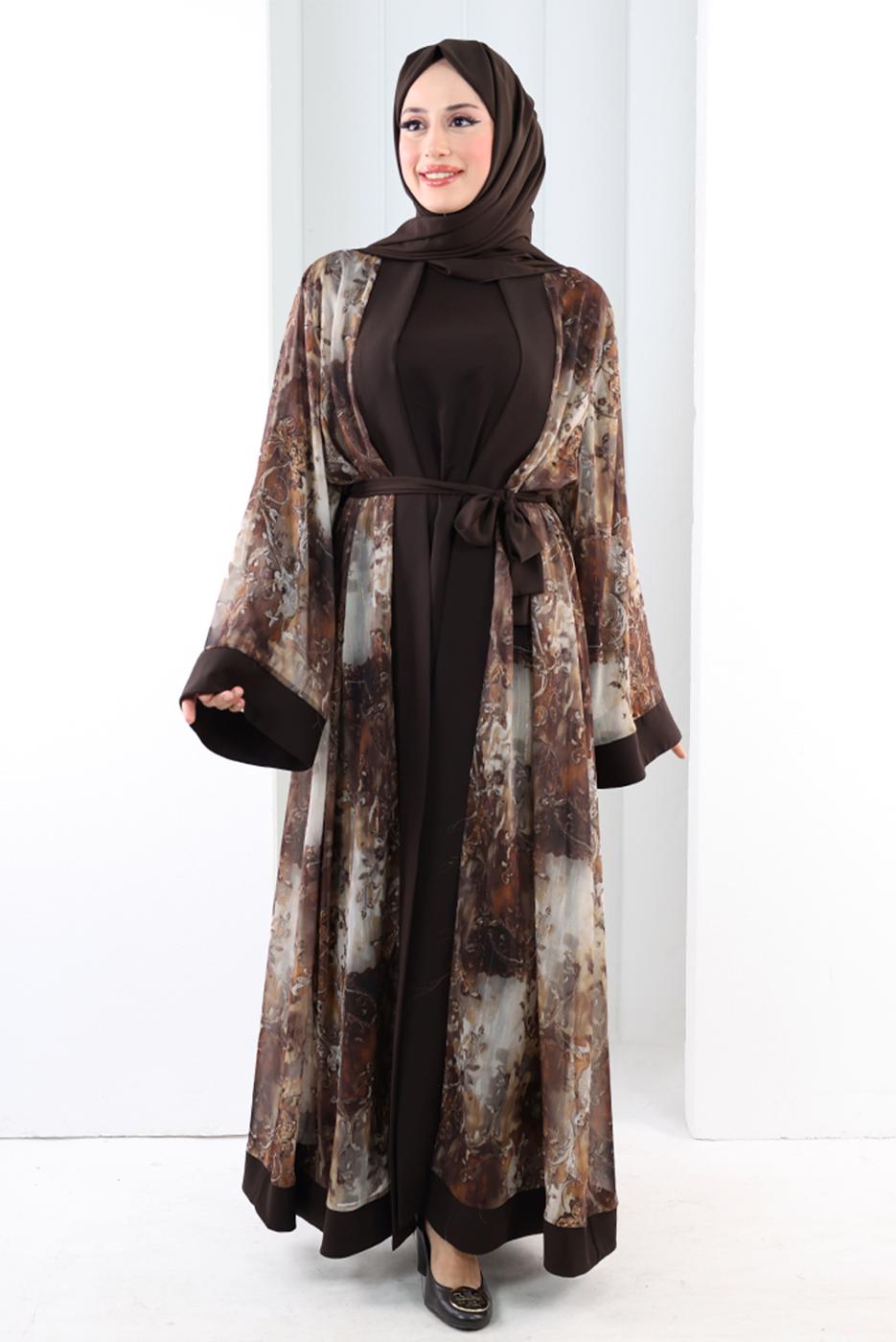 Tesettür giyim KAHVE ABAYA TAKIM T 7807