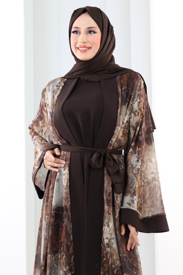Tesettür giyim KAHVE ABAYA TAKIM T 7807 - TRENDTESETTÜR