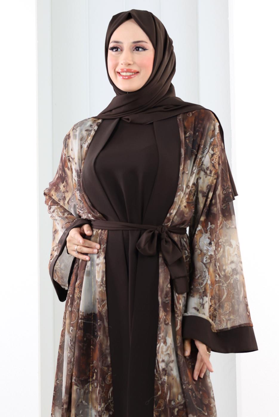 Tesettür giyim KAHVE ABAYA TAKIM T 7807