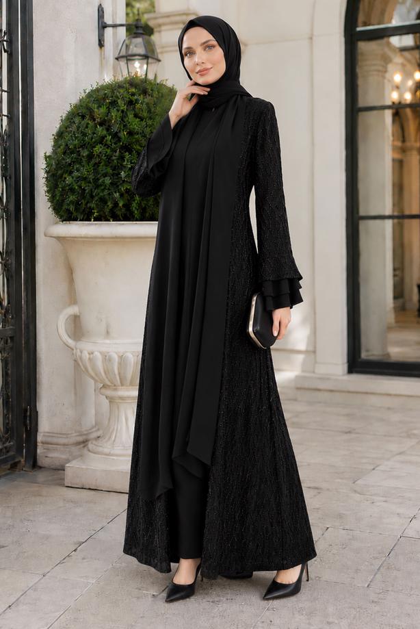 Tesettür giyim SİYAH ELBİSELİ ABAYA TAKIMI T 8089 - TRENDTESETTÜR