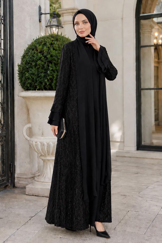 Tesettür giyim SİYAH ELBİSELİ ABAYA TAKIMI T 8089 - TRENDTESETTÜR