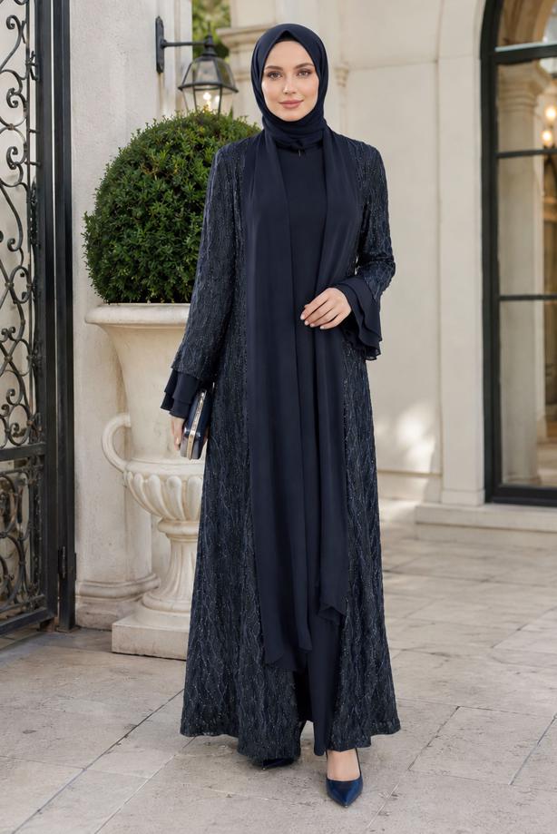 Tesettür giyim LACİVERT ELBİSELİ ABAYA TAKIMI T 8089 - TRENDTESETTÜR