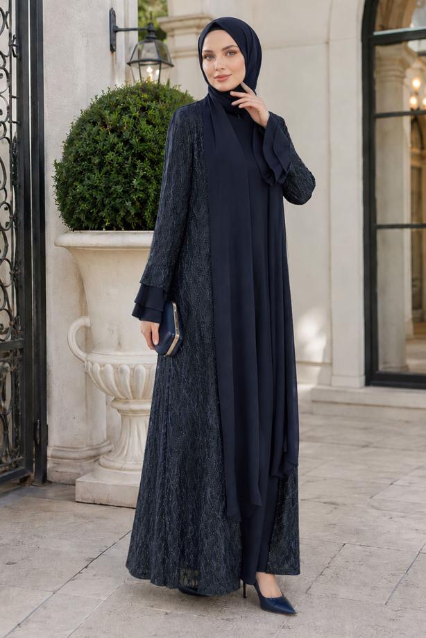 Tesettür giyim LACİVERT ELBİSELİ ABAYA TAKIMI T 8089 - TRENDTESETTÜR