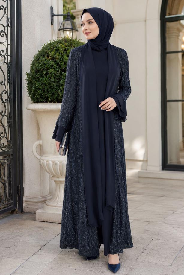 Tesettür giyim LACİVERT ELBİSELİ ABAYA TAKIMI T 8089 - TRENDTESETTÜR