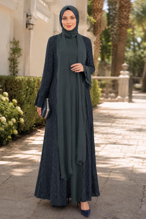 Vêtements hijab GRIS ENSEMBLE ROBE AVEC ABAYA T 8089 - TRENDTESETTÜR