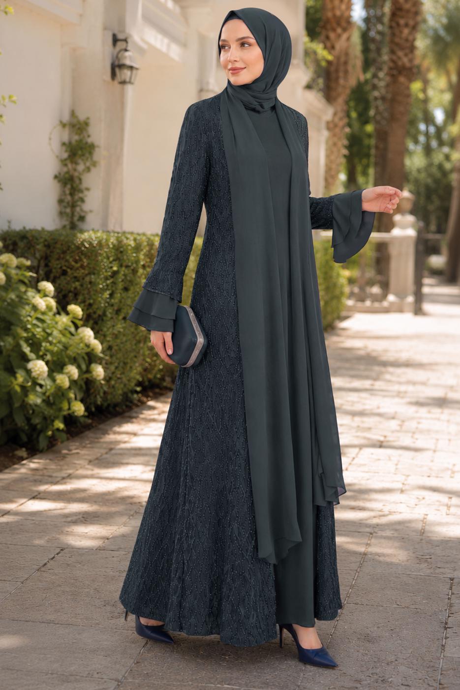 Vêtements hijab GRIS ENSEMBLE ROBE AVEC ABAYA T 8089