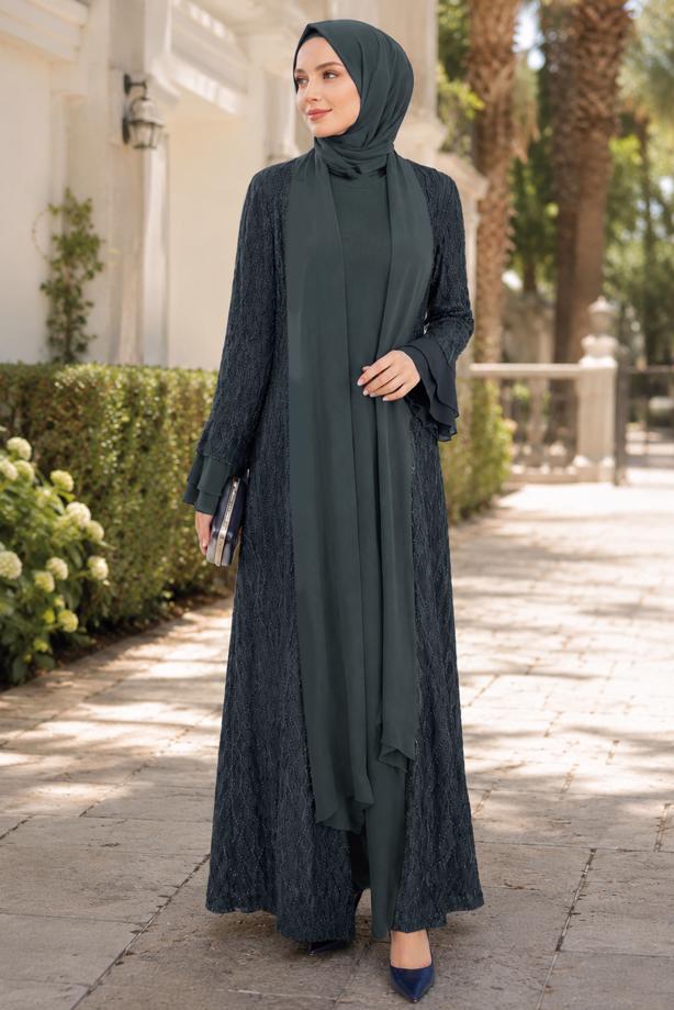 Vêtements hijab GRIS ENSEMBLE ROBE AVEC ABAYA T 8089 - TRENDTESETTÜR