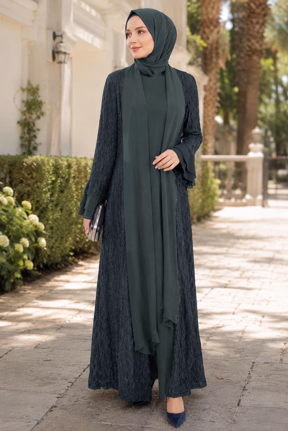 Vêtements hijab GRIS ENSEMBLE ROBE AVEC ABAYA T 8089