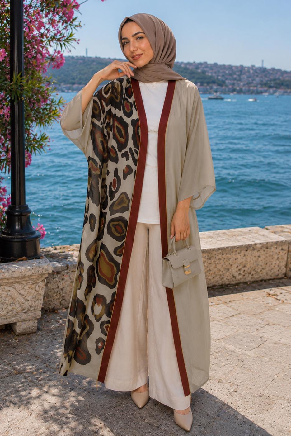 Tesettür giyim KAHVE ETNİK DESENLİ ABAYA T 81114
