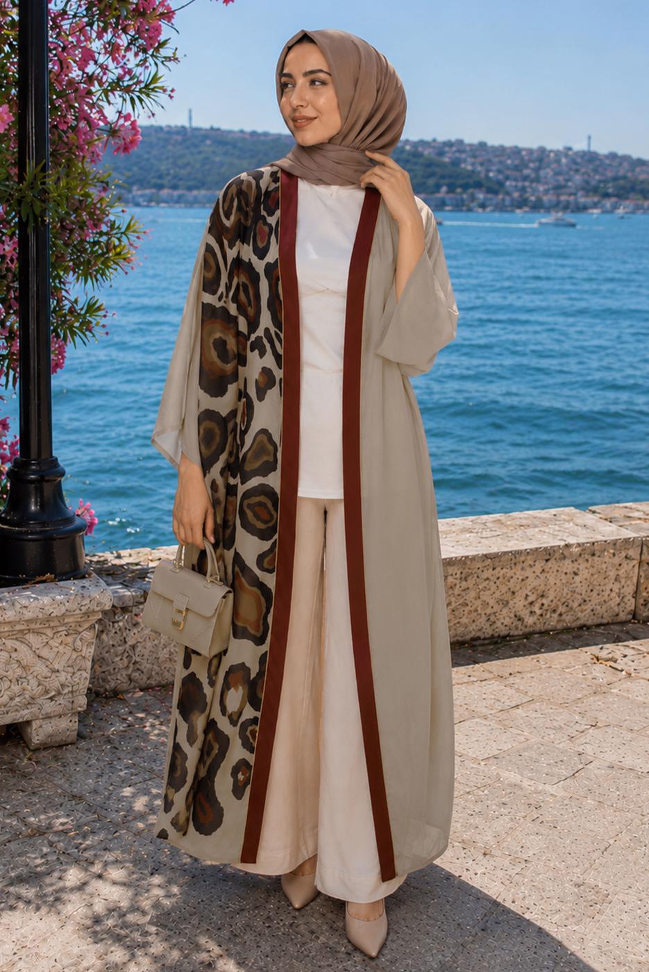 Tesettür giyim KAHVE ETNİK DESENLİ ABAYA T 81114