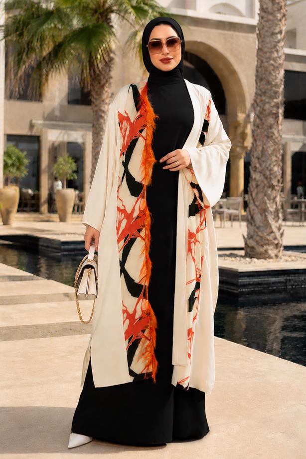 Tesettür giyim BEJ TÜY DETAYLI ABAYA T 83704 - TRENDTESETTÜR
