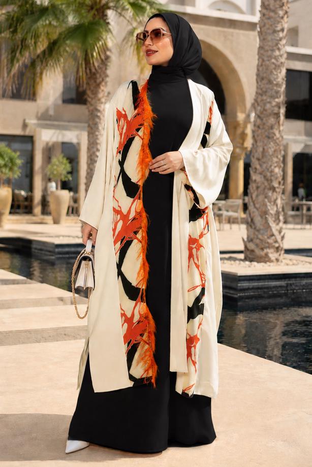 Tesettür giyim BEJ TÜY DETAYLI ABAYA T 83704 - TRENDTESETTÜR