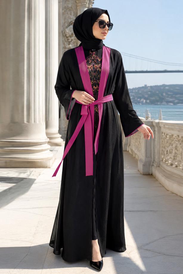 Tesettür giyim SİYAH KUŞAKLI ABAYA T 99014 - TRENDTESETTÜR