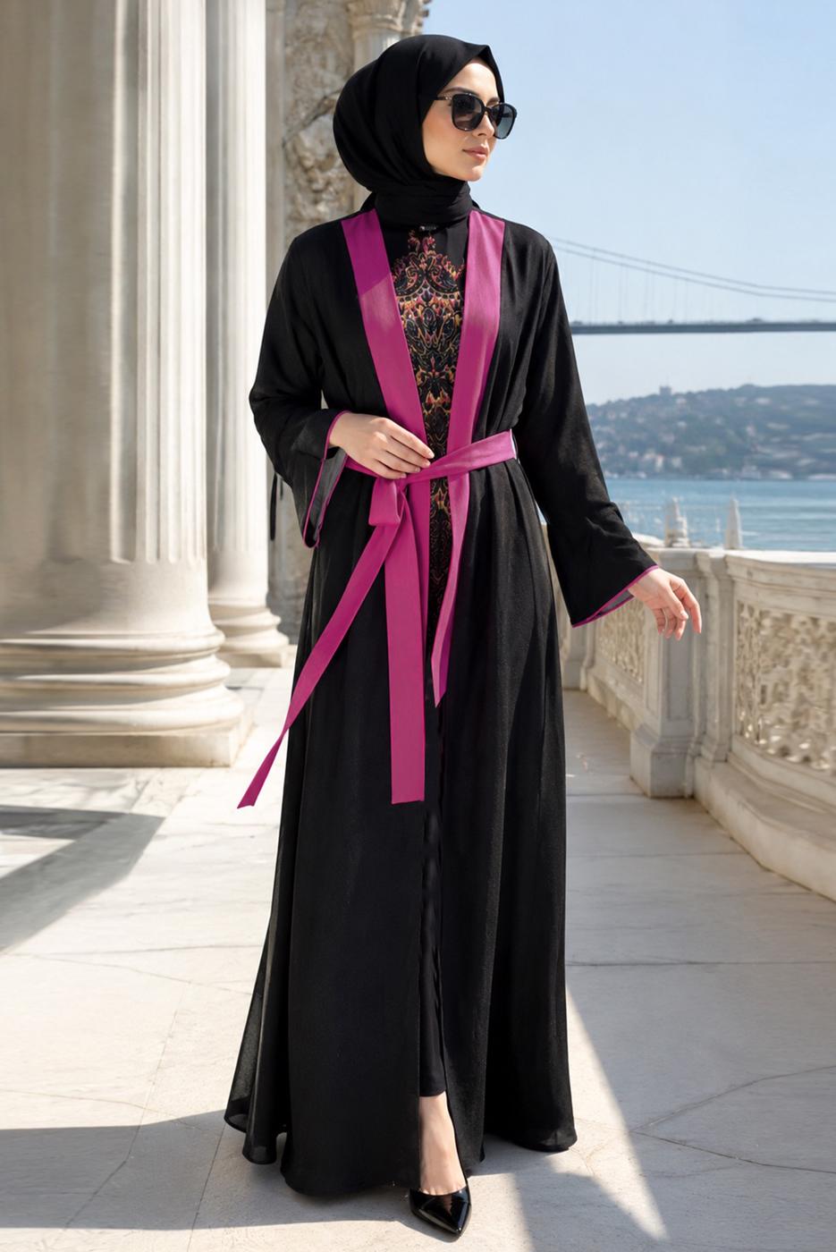 Tesettür giyim SİYAH KUŞAKLI ABAYA T 99014