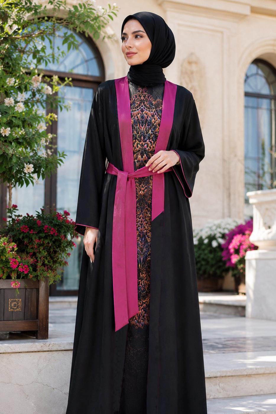 Tesettür giyim SİYAH KUŞAKLI ABAYA T 99014
