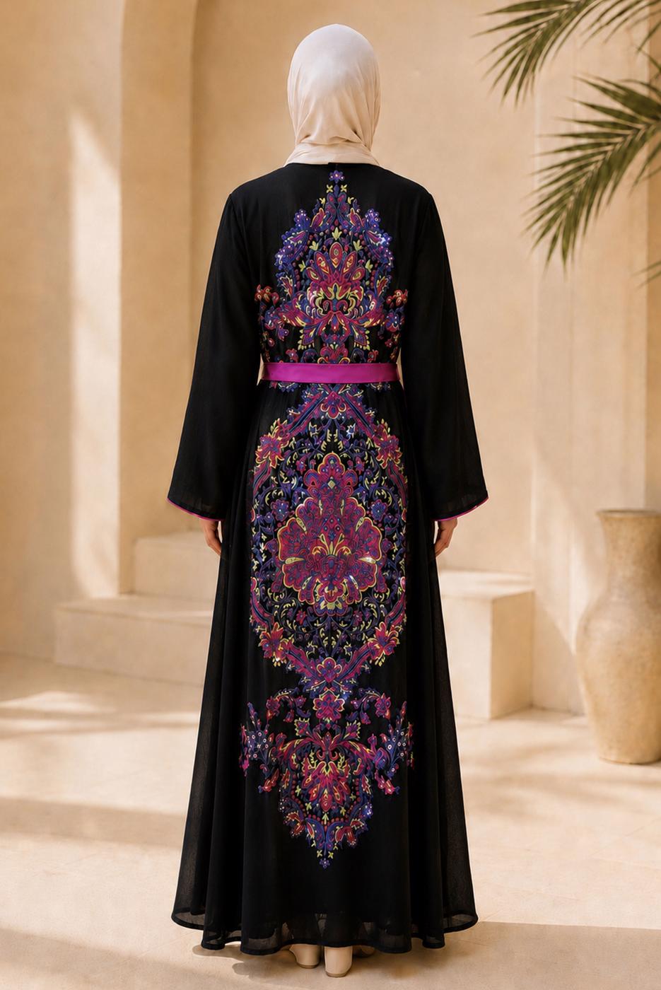 Vêtements hijab NOIR ABAYA CEINTURÉE T 99014