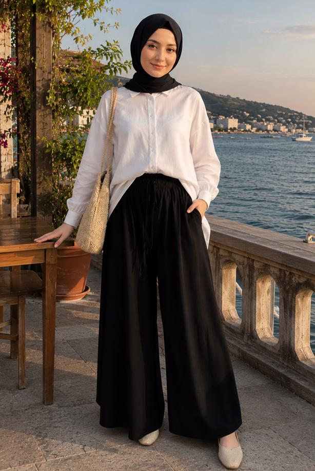 Hijab clothing BLACK VISCON WIDE LEG PANTS T 1123 - TRENDTESETTÜR