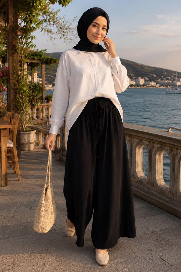 Hijab clothing BLACK VISCON WIDE LEG PANTS T 1123 - TRENDTESETTÜR