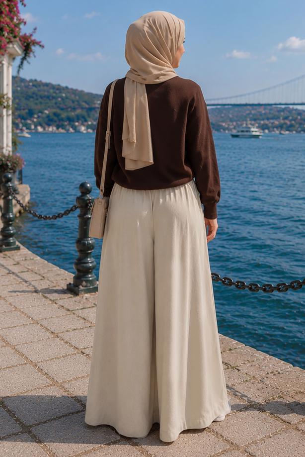 Hijab clothing BEIGE VISCON WIDE LEG PANTS T 1123 - TRENDTESETTÜR