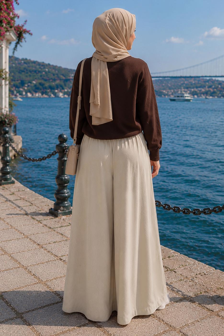Hijab clothing BEIGE VISCON WIDE LEG PANTS T 1123