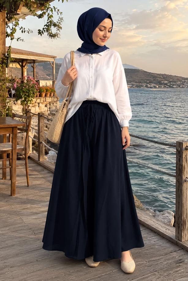 Hijab clothing NAVY BLUE VISCON WIDE LEG PANTS T 1123 - TRENDTESETTÜR