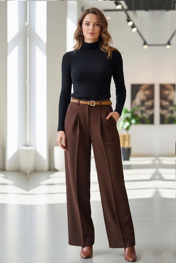 Tesettür giyim KAHVE KEMERLİ PALAZZO PANTOLON T 30051 - TRENDTESETTÜR